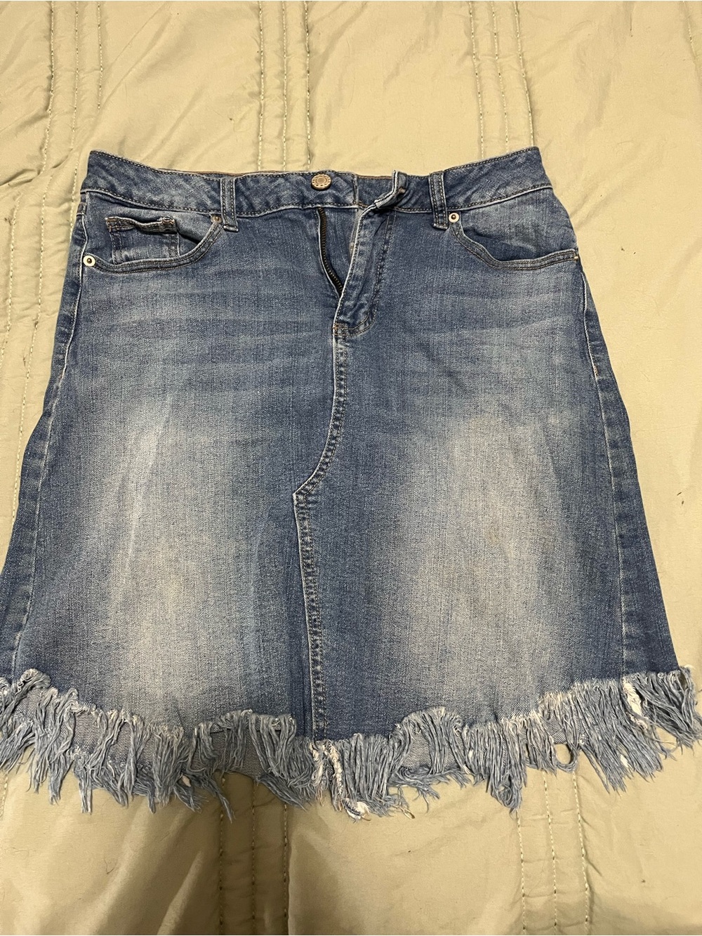 Frayed Hem Blue Denim Skirt - Women